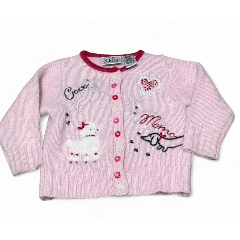 VTG N-Kids 18 Months Pink Lambswool Angora Cardigan Paris Eiffel Tower Puppy